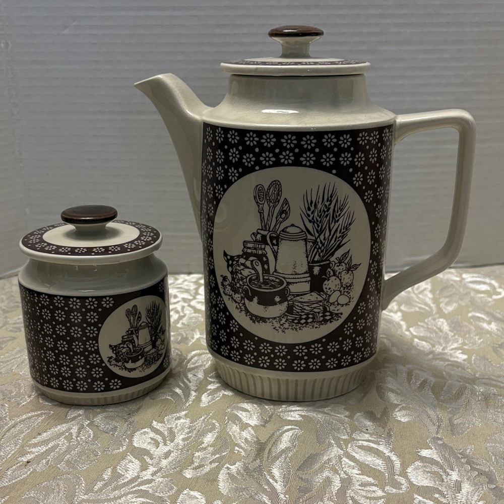 1978 Ceramic Coffee Set with Brown and Beige Floral Design. Teapot/sugar bowl